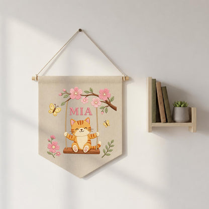Personalized Cute Cat on Swing Canvas Pennant Banner, Custom Name Embroidered Kitten Cherry Blossom Baby Girl Nursery Wall Hanging Sign