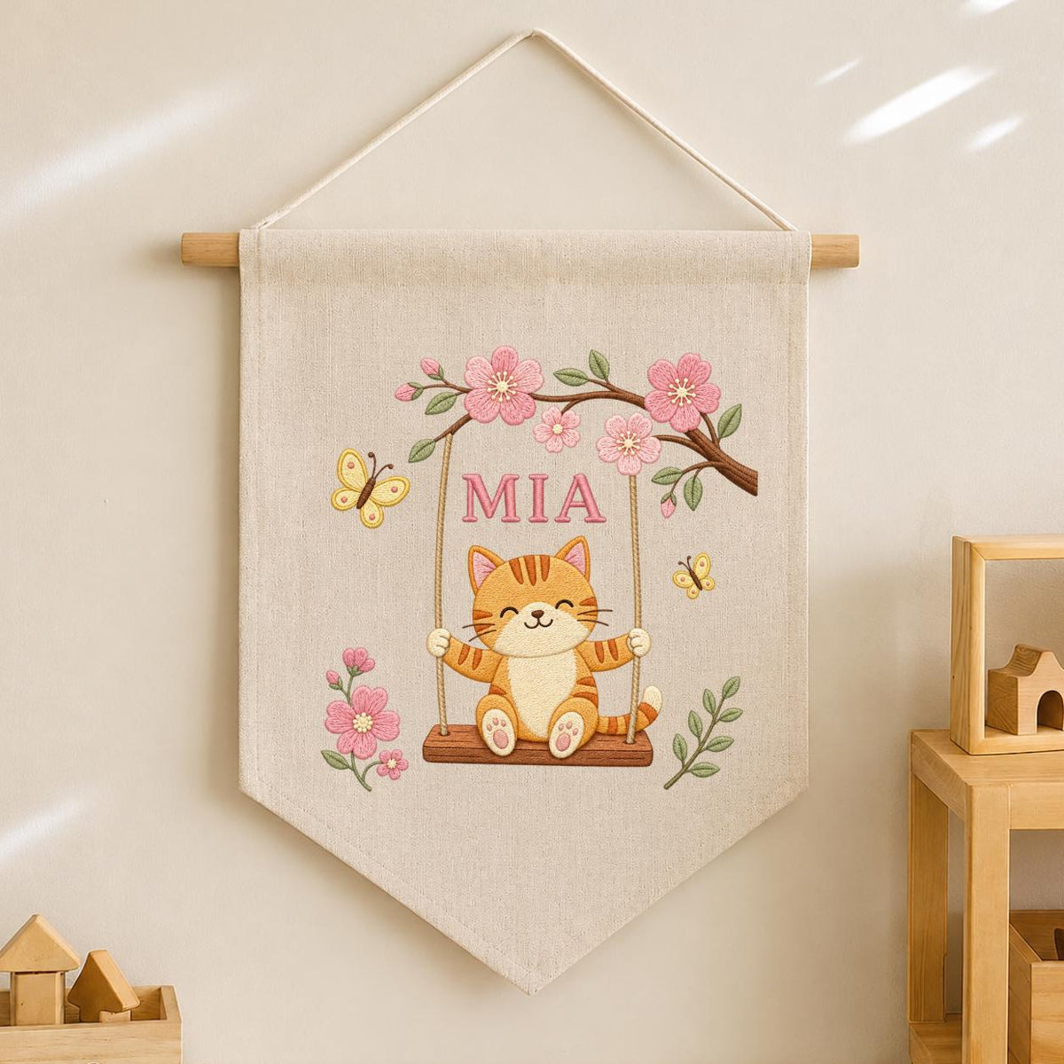 Personalized Cute Cat on Swing Canvas Pennant Banner, Custom Name Embroidered Kitten Cherry Blossom Baby Girl Nursery Wall Hanging Sign