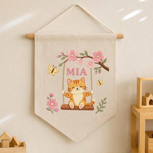 Personalized Cute Cat on Swing Canvas Pennant Banner, Custom Name Embroidered Kitten Cherry Blossom Baby Girl Nursery Wall Hanging Sign