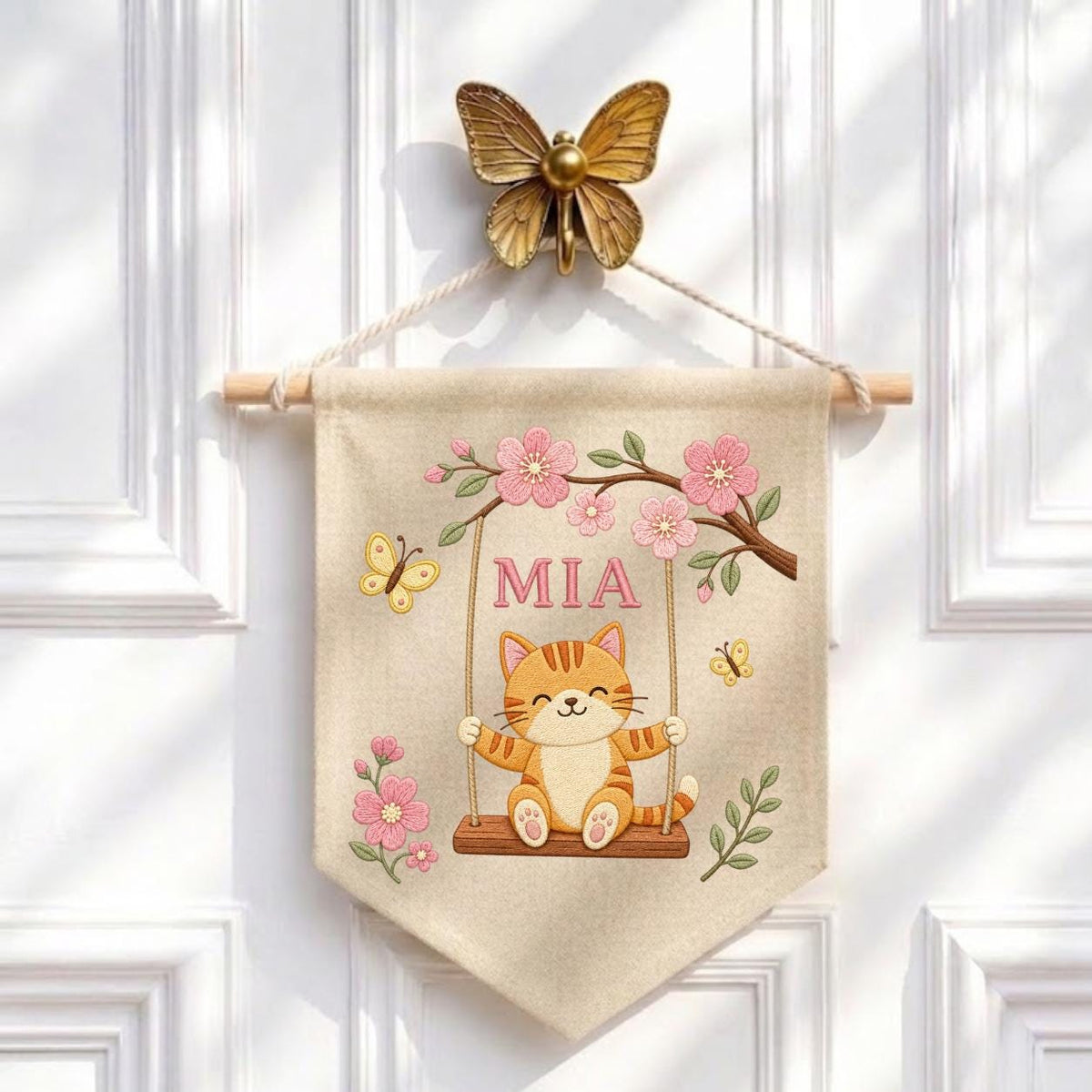 Personalized Cute Cat on Swing Canvas Pennant Banner, Custom Name Embroidered Kitten Cherry Blossom Baby Girl Nursery Wall Hanging Sign