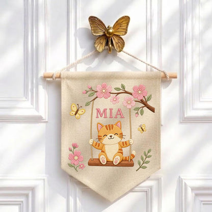 Personalized Cute Cat on Swing Canvas Pennant Banner, Custom Name Embroidered Kitten Cherry Blossom Baby Girl Nursery Wall Hanging Sign