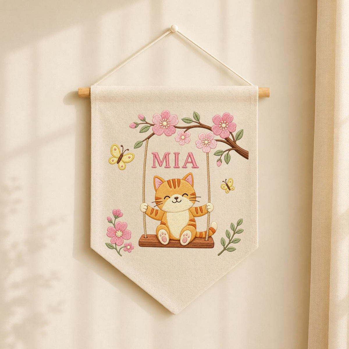 Personalized Cute Cat on Swing Canvas Pennant Banner, Custom Name Embroidered Kitten Cherry Blossom Baby Girl Nursery Wall Hanging Sign