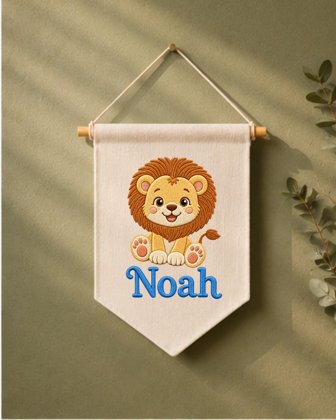Personalized Lion Nursery Wall Hanging, Embroidered Custom Name Banner, Safari Baby Boy Room Decor, Jungle Animal Baby Shower Gift