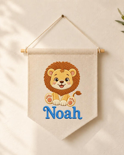 Personalized Lion Nursery Wall Hanging, Embroidered Custom Name Banner, Safari Baby Boy Room Decor, Jungle Animal Baby Shower Gift