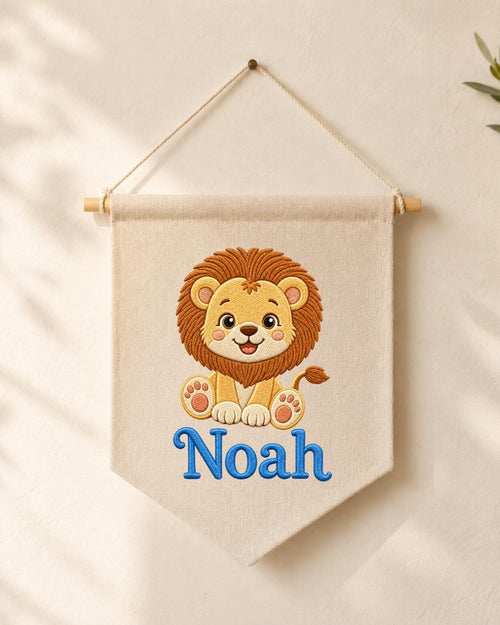 Personalized Lion Nursery Wall Hanging, Embroidered Custom Name Banner, Safari Baby Boy Room Decor, Jungle Animal Baby Shower Gift