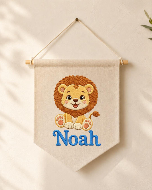 Personalized Lion Nursery Wall Hanging, Embroidered Custom Name Banner, Safari Baby Boy Room Decor, Jungle Animal Baby Shower Gift