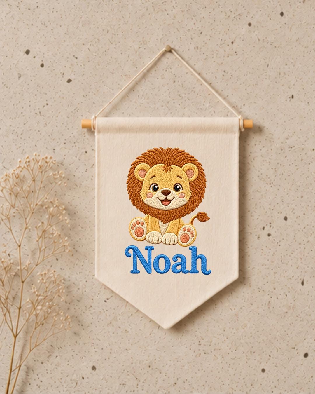 Personalized Lion Nursery Wall Hanging, Embroidered Custom Name Banner, Safari Baby Boy Room Decor, Jungle Animal Baby Shower Gift