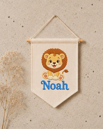 Personalized Lion Nursery Wall Hanging, Embroidered Custom Name Banner, Safari Baby Boy Room Decor, Jungle Animal Baby Shower Gift