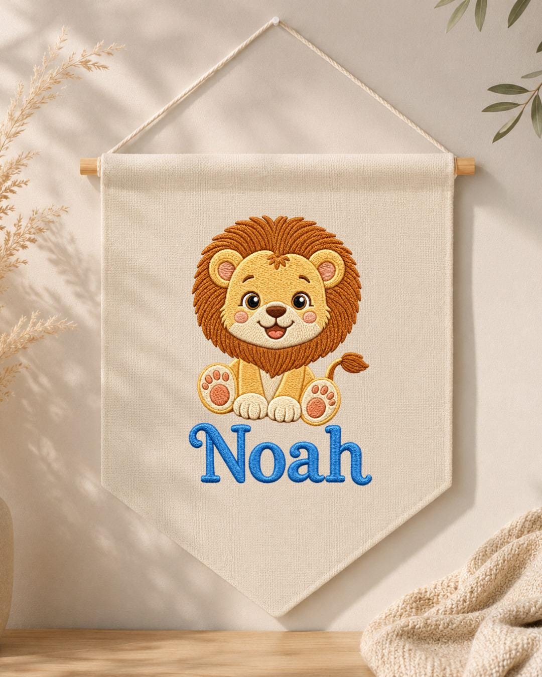 Personalized Lion Nursery Wall Hanging, Embroidered Custom Name Banner, Safari Baby Boy Room Decor, Jungle Animal Baby Shower Gift