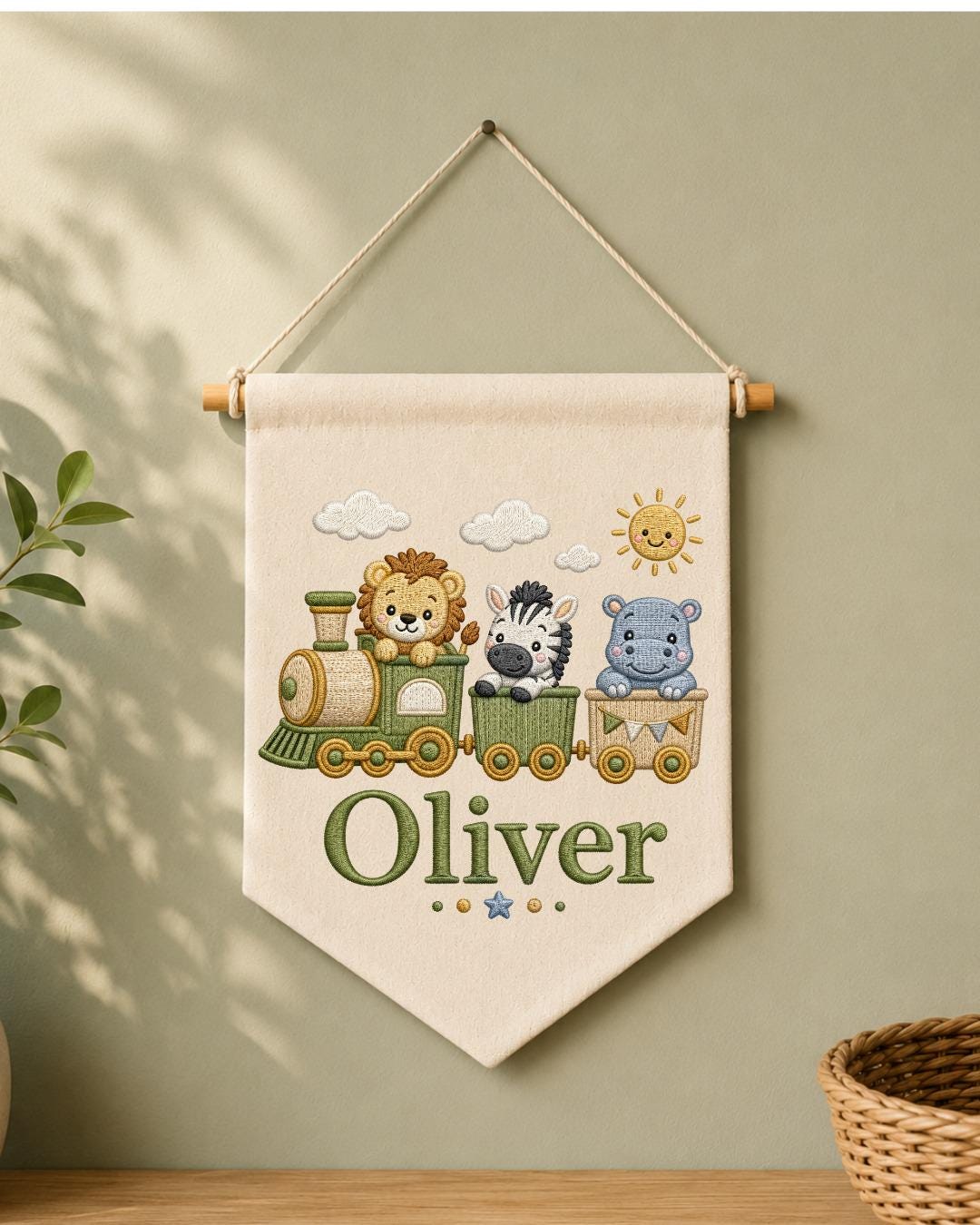 Personalized Safari Train Wall Hanging, Embroidered Custom Name Banner, Jungle Animal Nursery Decor, Baby Boy Room Gift