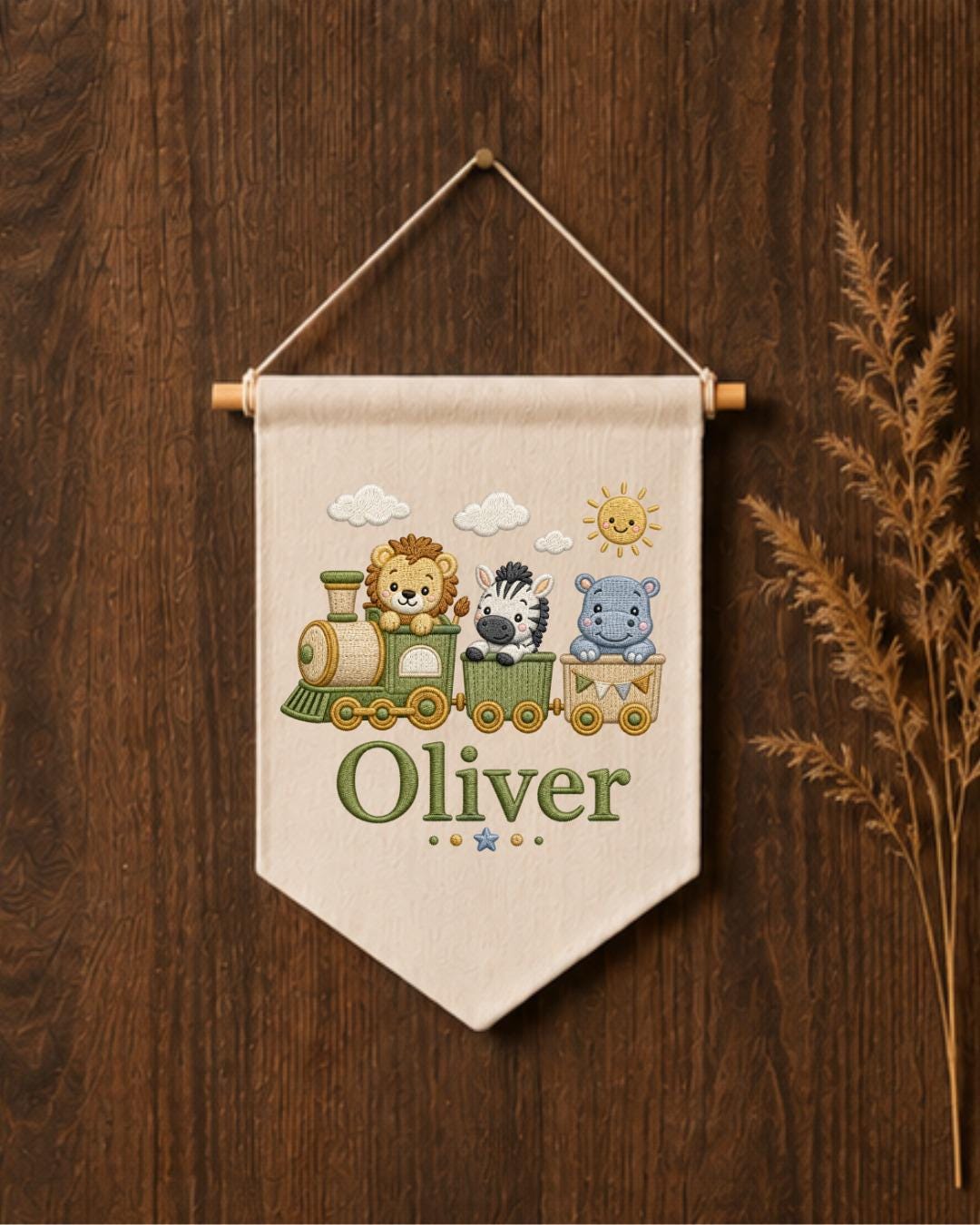 Personalized Safari Train Wall Hanging, Embroidered Custom Name Banner, Jungle Animal Nursery Decor, Baby Boy Room Gift