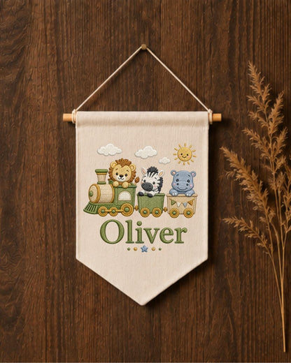 Personalized Safari Train Wall Hanging, Embroidered Custom Name Banner, Jungle Animal Nursery Decor, Baby Boy Room Gift
