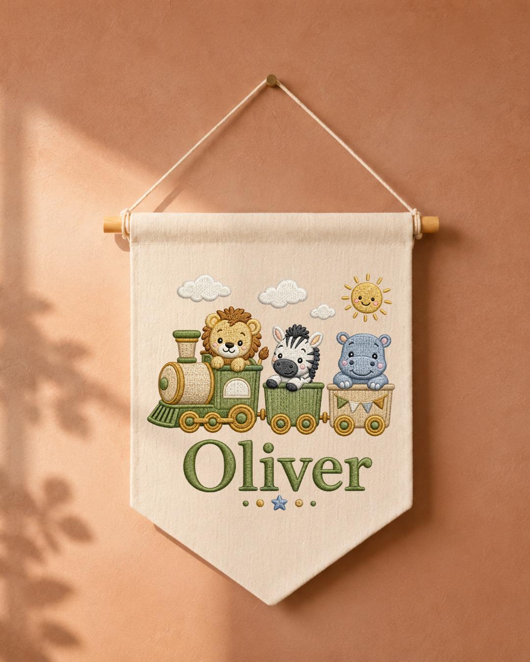 Personalized Safari Train Wall Hanging, Embroidered Custom Name Banner, Jungle Animal Nursery Decor, Baby Boy Room Gift