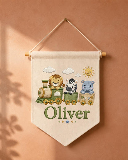 Personalized Safari Train Wall Hanging, Embroidered Custom Name Banner, Jungle Animal Nursery Decor, Baby Boy Room Gift