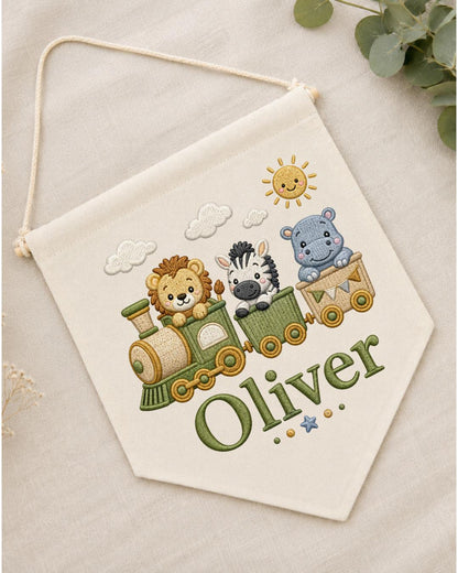 Personalized Safari Train Wall Hanging, Embroidered Custom Name Banner, Jungle Animal Nursery Decor, Baby Boy Room Gift
