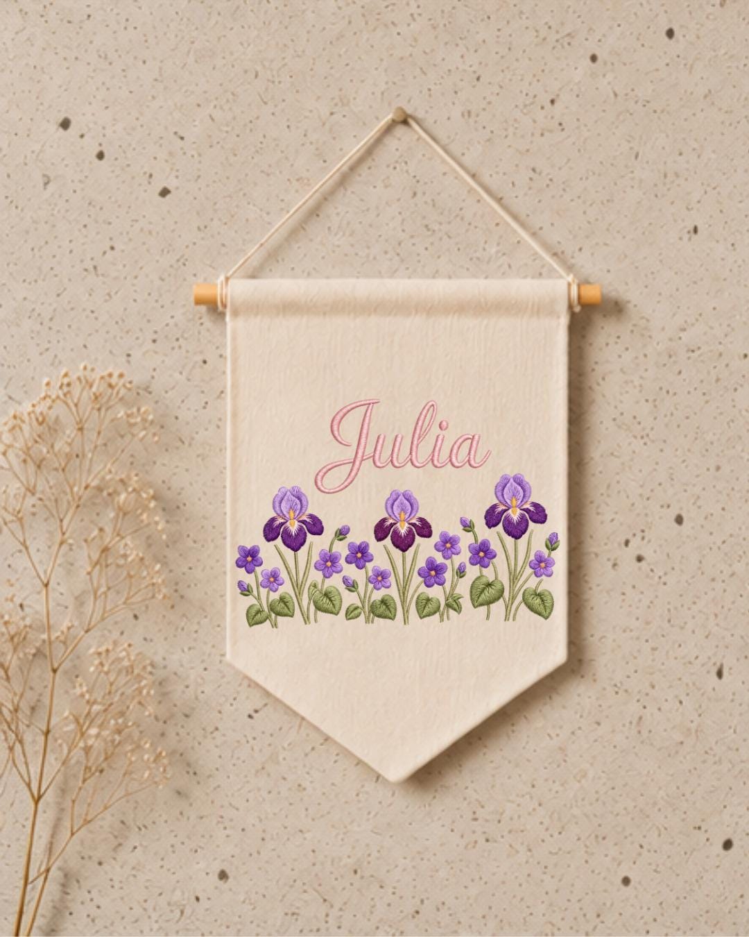 Personalized Iris Flower Wall Hanging, Embroidered Custom Name Banner, Purple Floral Nursery Decor, Botanical Baby Girl Room Gift