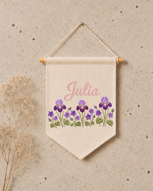 Personalized Iris Flower Wall Hanging, Embroidered Custom Name Banner, Purple Floral Nursery Decor, Botanical Baby Girl Room Gift
