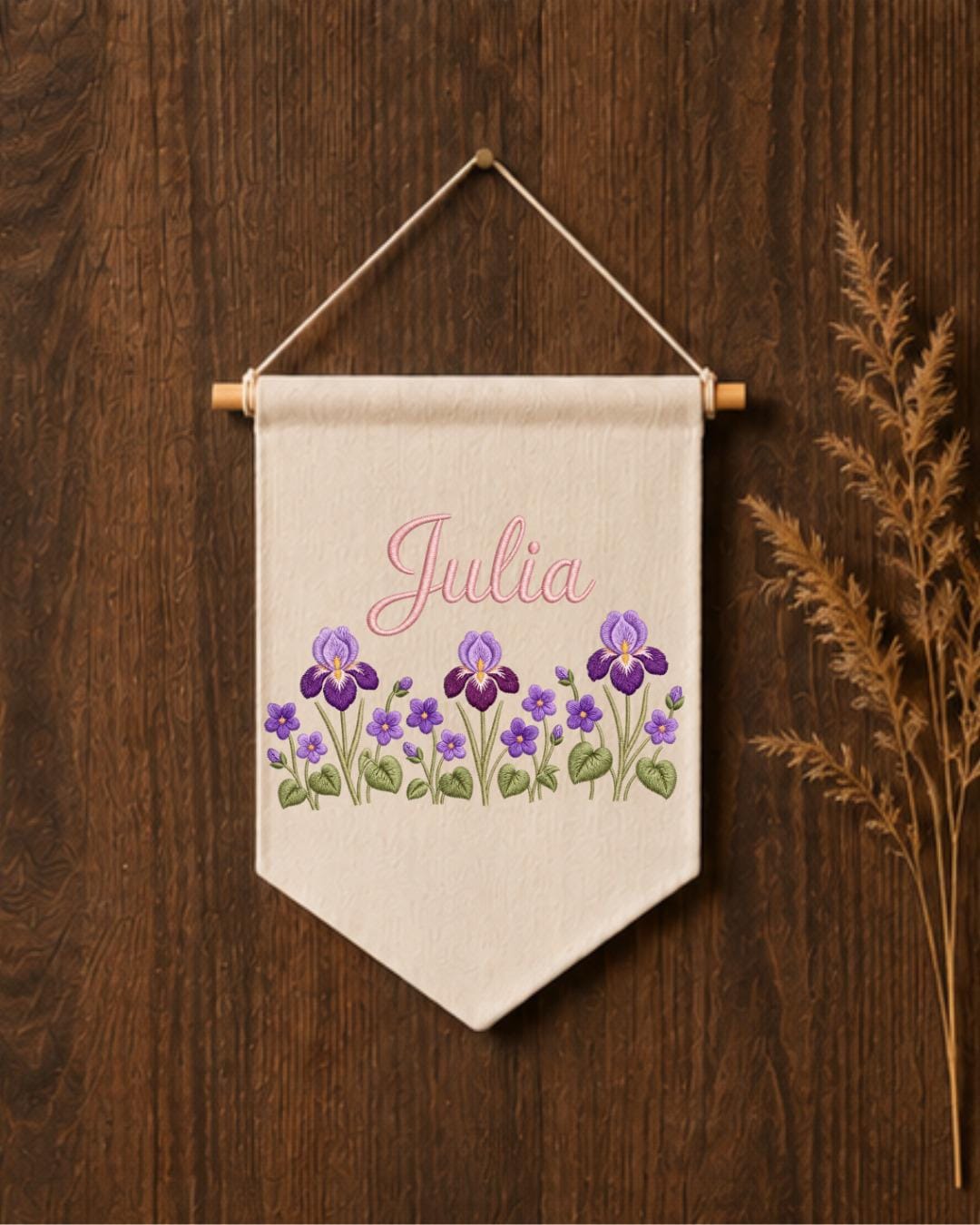 Personalized Iris Flower Wall Hanging, Embroidered Custom Name Banner, Purple Floral Nursery Decor, Botanical Baby Girl Room Gift