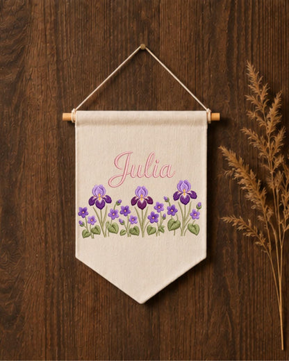 Personalized Iris Flower Wall Hanging, Embroidered Custom Name Banner, Purple Floral Nursery Decor, Botanical Baby Girl Room Gift