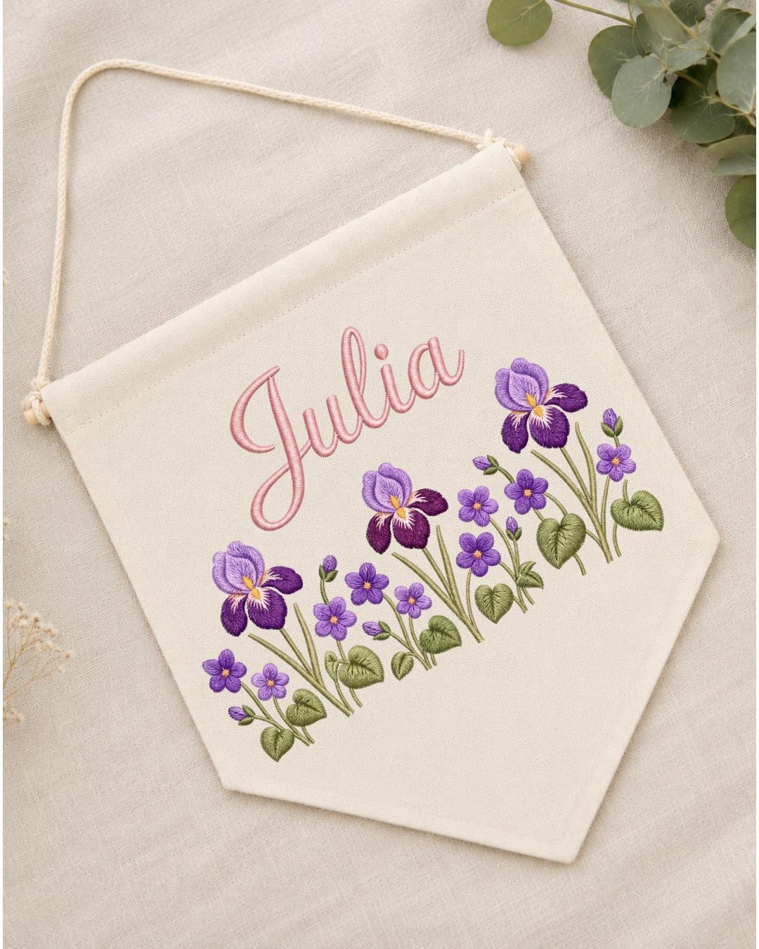 Personalized Iris Flower Wall Hanging, Embroidered Custom Name Banner, Purple Floral Nursery Decor, Botanical Baby Girl Room Gift