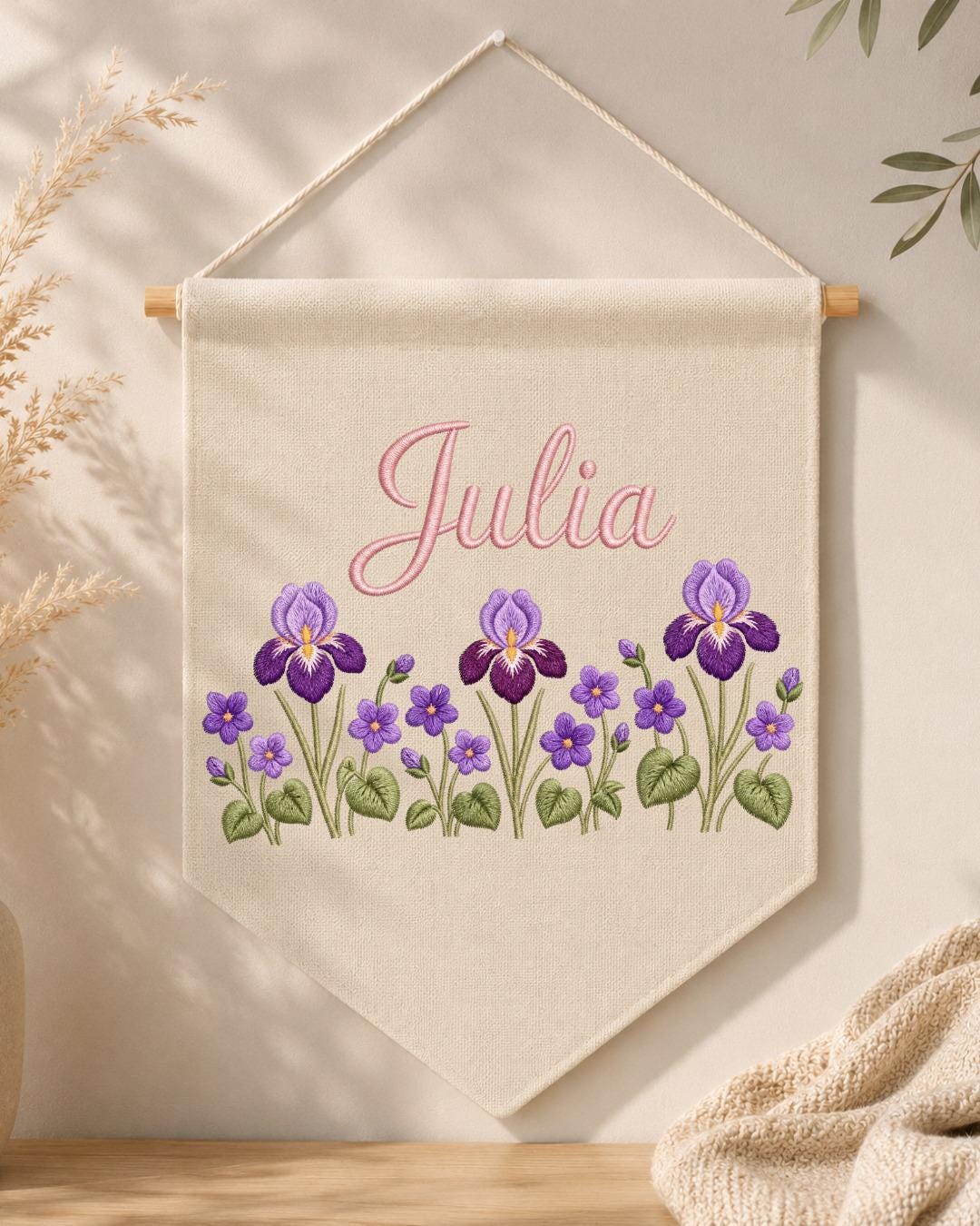 Personalized Iris Flower Wall Hanging, Embroidered Custom Name Banner, Purple Floral Nursery Decor, Botanical Baby Girl Room Gift