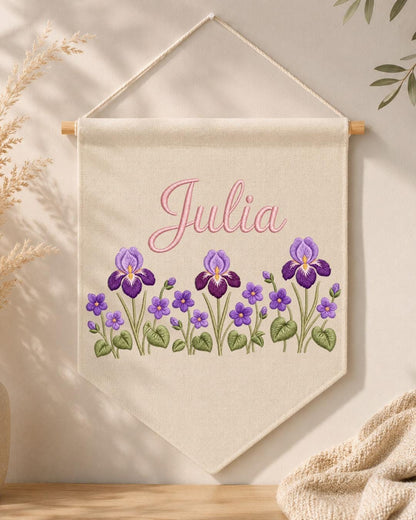 Personalized Iris Flower Wall Hanging, Embroidered Custom Name Banner, Purple Floral Nursery Decor, Botanical Baby Girl Room Gift