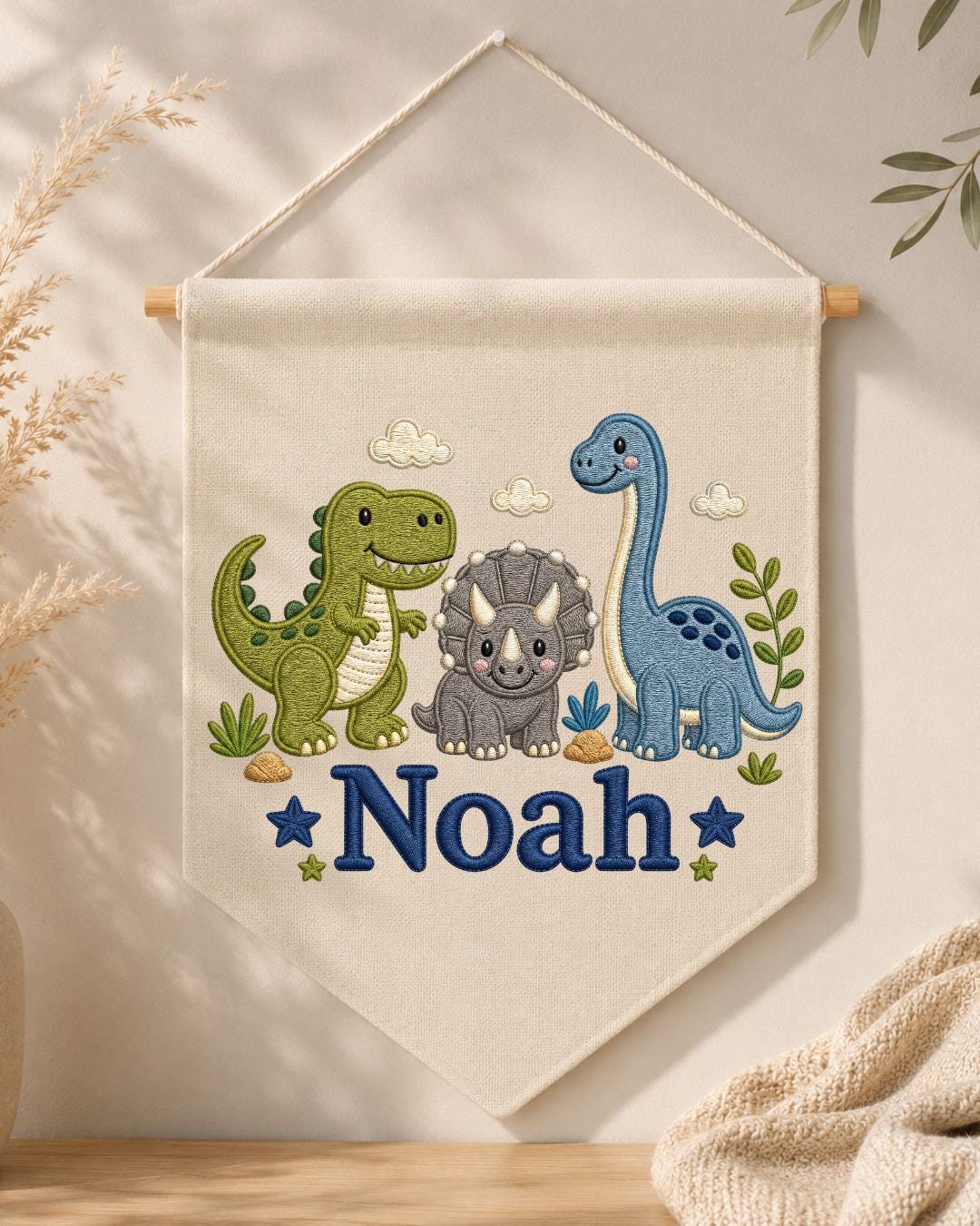 Personalized Dinosaur Nursery Wall Hanging, Embroidered Custom Name Banner, Cute Dino Baby Boy Room Decor, Prehistoric Nursery Gift