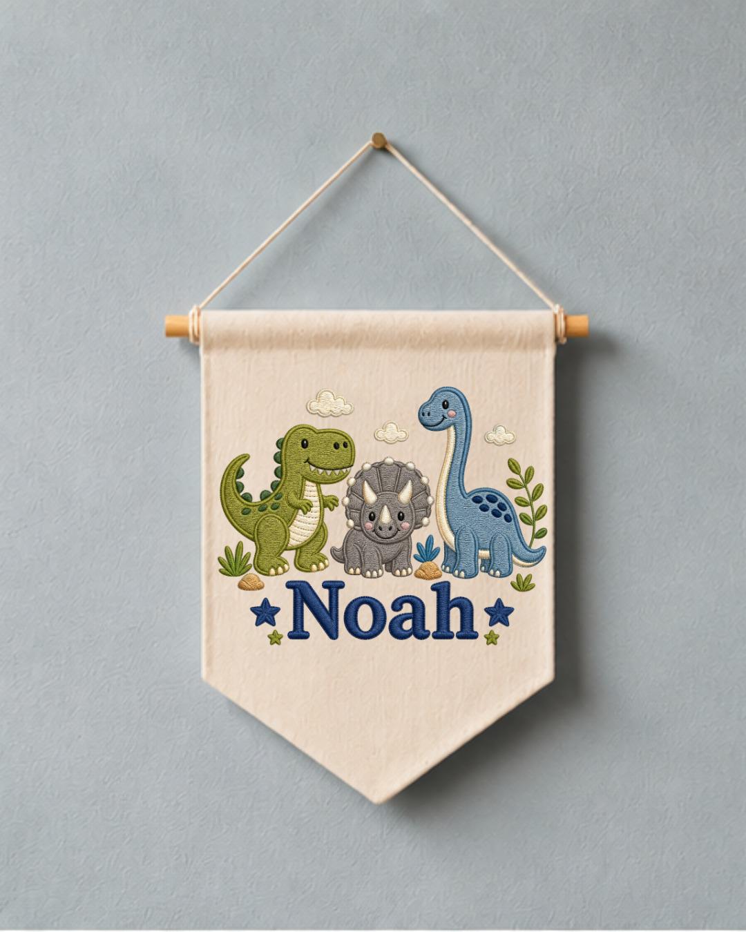 Personalized Dinosaur Nursery Wall Hanging, Embroidered Custom Name Banner, Cute Dino Baby Boy Room Decor, Prehistoric Nursery Gift