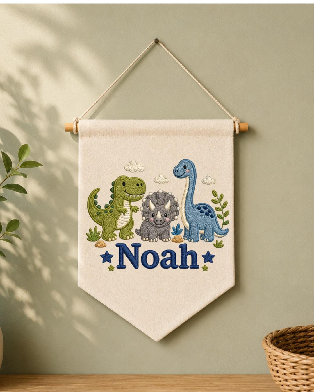 Personalized Dinosaur Nursery Wall Hanging, Embroidered Custom Name Banner, Cute Dino Baby Boy Room Decor, Prehistoric Nursery Gift