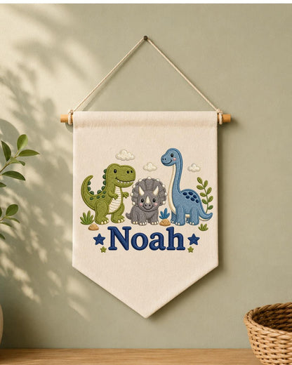 Personalized Dinosaur Nursery Wall Hanging, Embroidered Custom Name Banner, Cute Dino Baby Boy Room Decor, Prehistoric Nursery Gift