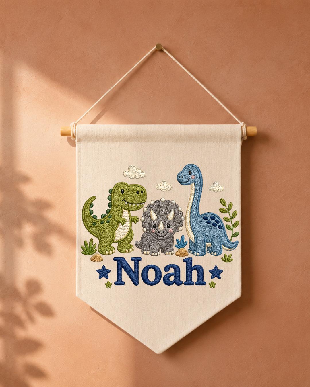 Personalized Dinosaur Nursery Wall Hanging, Embroidered Custom Name Banner, Cute Dino Baby Boy Room Decor, Prehistoric Nursery Gift