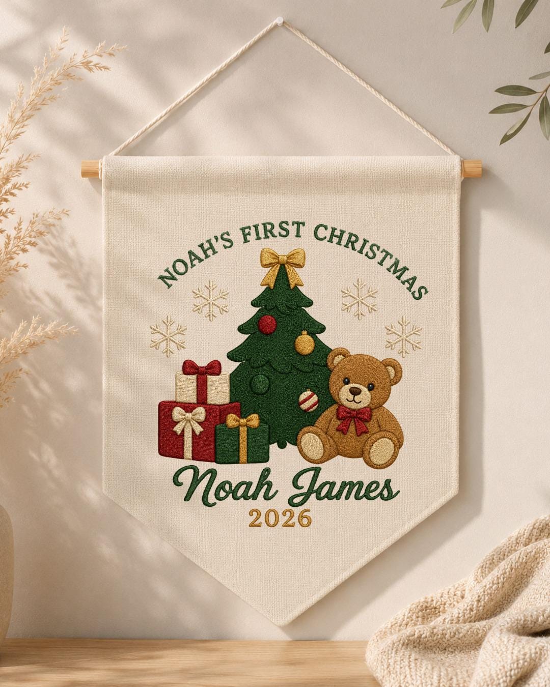 Personalized First Christmas Wall Hanging, Embroidered Custom Name Teddy Bear Banner, Baby Christmas Nursery Decor, Newborn Keepsake Gift