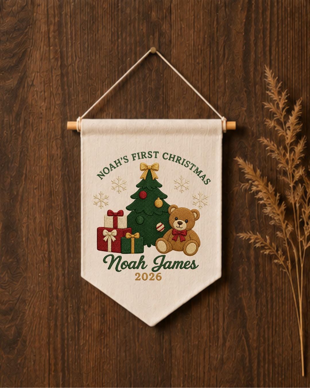 Personalized First Christmas Wall Hanging, Embroidered Custom Name Teddy Bear Banner, Baby Christmas Nursery Decor, Newborn Keepsake Gift