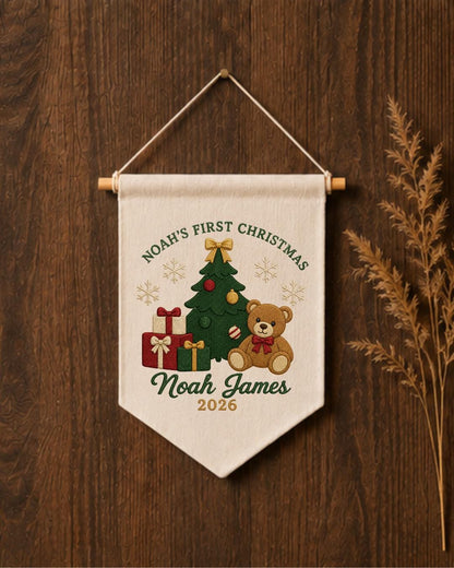 Personalized First Christmas Wall Hanging, Embroidered Custom Name Teddy Bear Banner, Baby Christmas Nursery Decor, Newborn Keepsake Gift