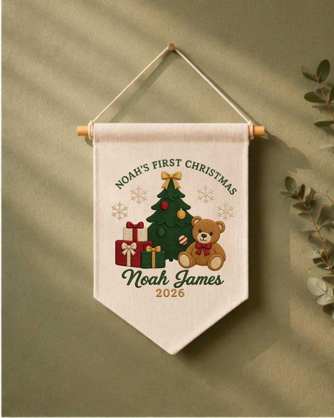 Personalized First Christmas Wall Hanging, Embroidered Custom Name Teddy Bear Banner, Baby Christmas Nursery Decor, Newborn Keepsake Gift