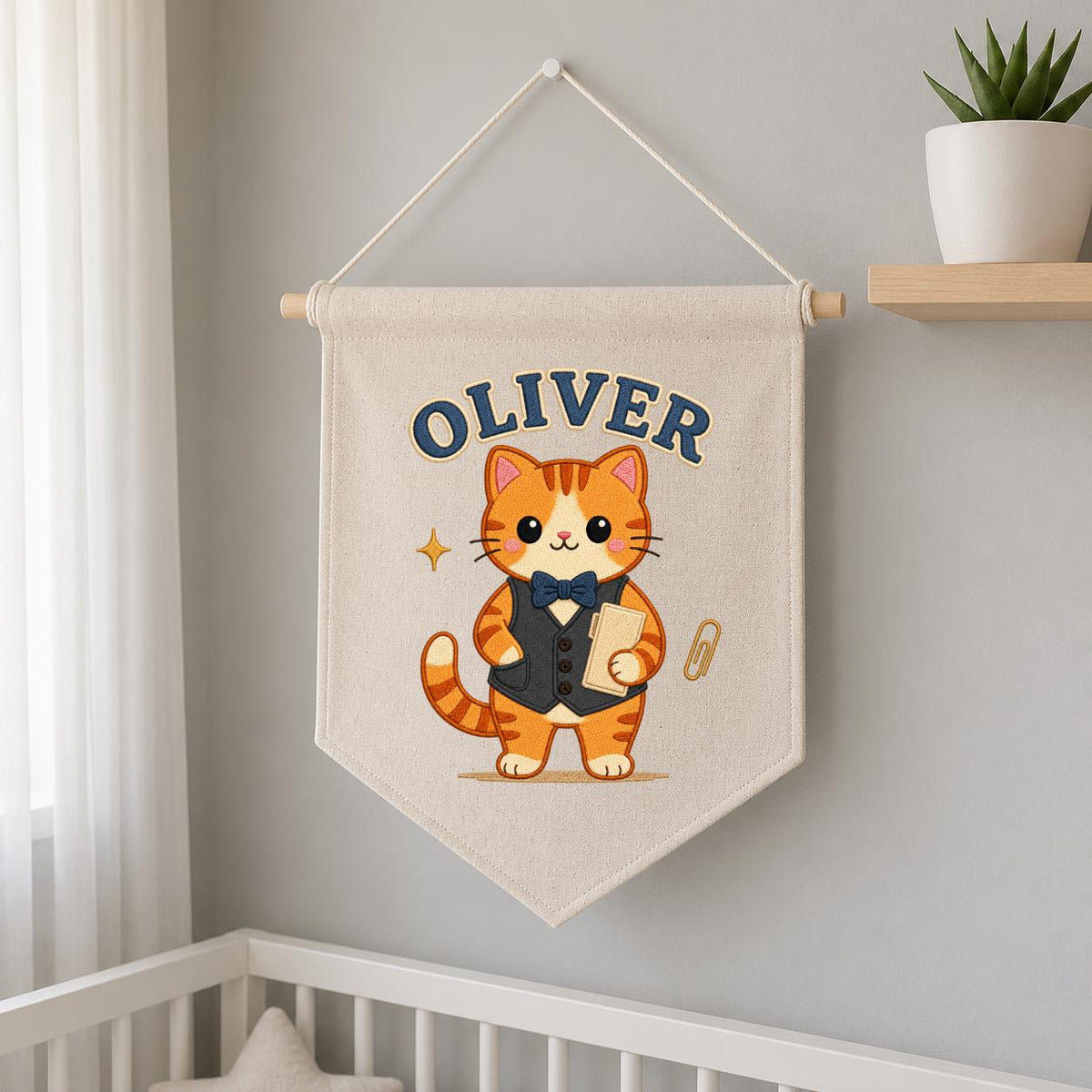 Personalized Orange Cat Linen Banner, Custom Name Wall Hanging, Nursery Decor Sign