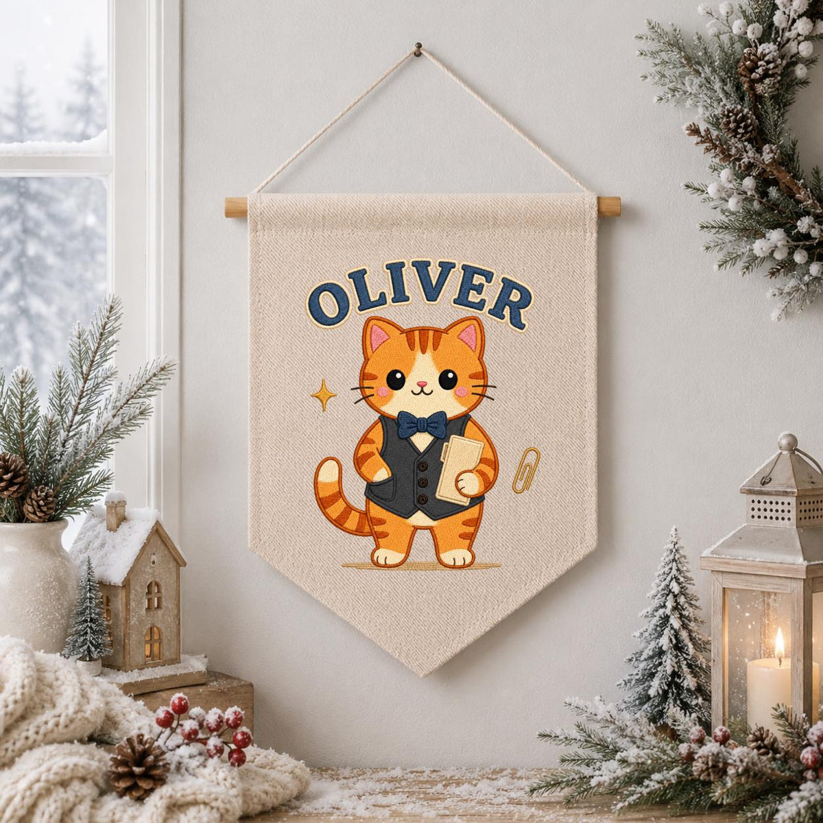 Personalized Orange Cat Linen Banner, Custom Name Wall Hanging, Nursery Decor Sign