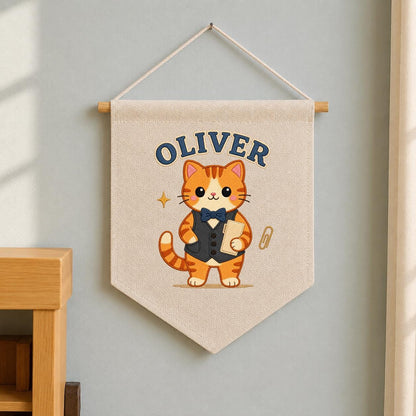 Personalized Orange Cat Linen Banner, Custom Name Wall Hanging, Nursery Decor Sign