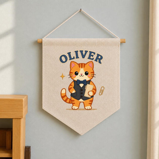 Personalized Orange Cat Linen Banner, Custom Name Wall Hanging, Nursery Decor Sign