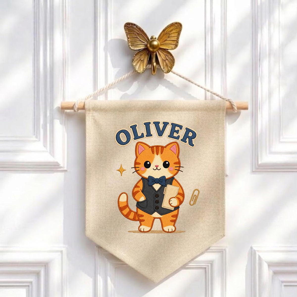 Personalized Orange Cat Linen Banner, Custom Name Wall Hanging, Nursery Decor Sign