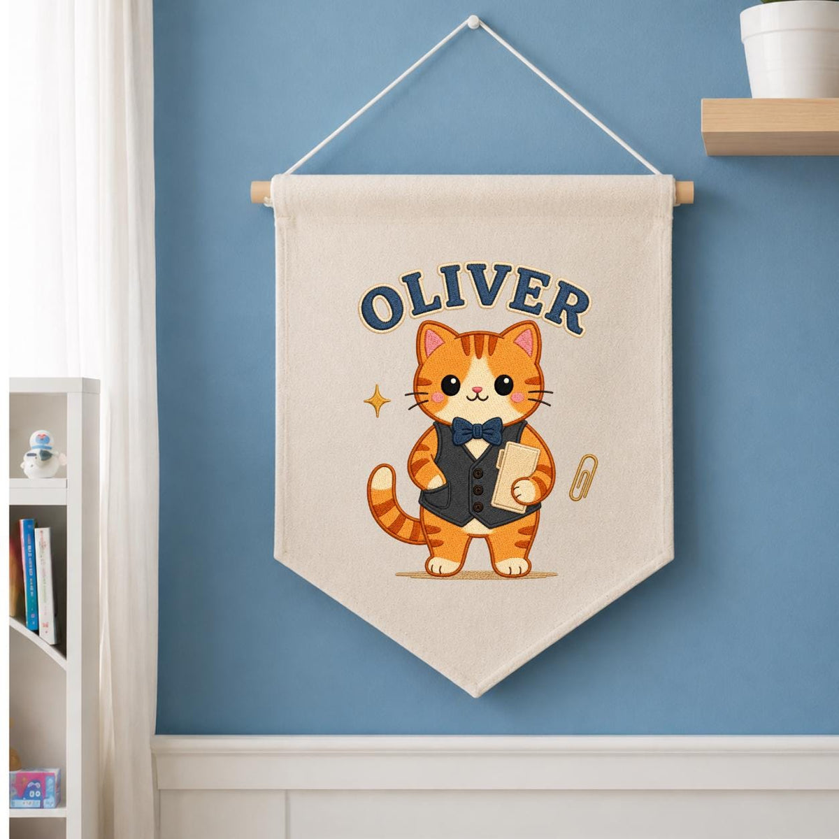 Personalized Orange Cat Linen Banner, Custom Name Wall Hanging, Nursery Decor Sign