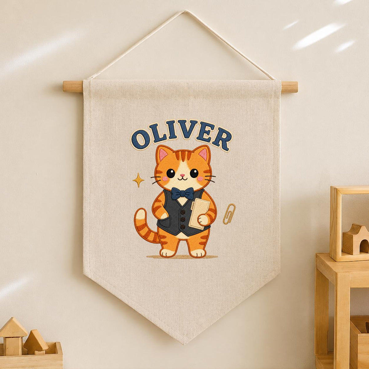 Personalized Orange Cat Linen Banner, Custom Name Wall Hanging, Nursery Decor Sign