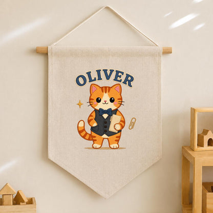 Personalized Orange Cat Linen Banner, Custom Name Wall Hanging, Nursery Decor Sign