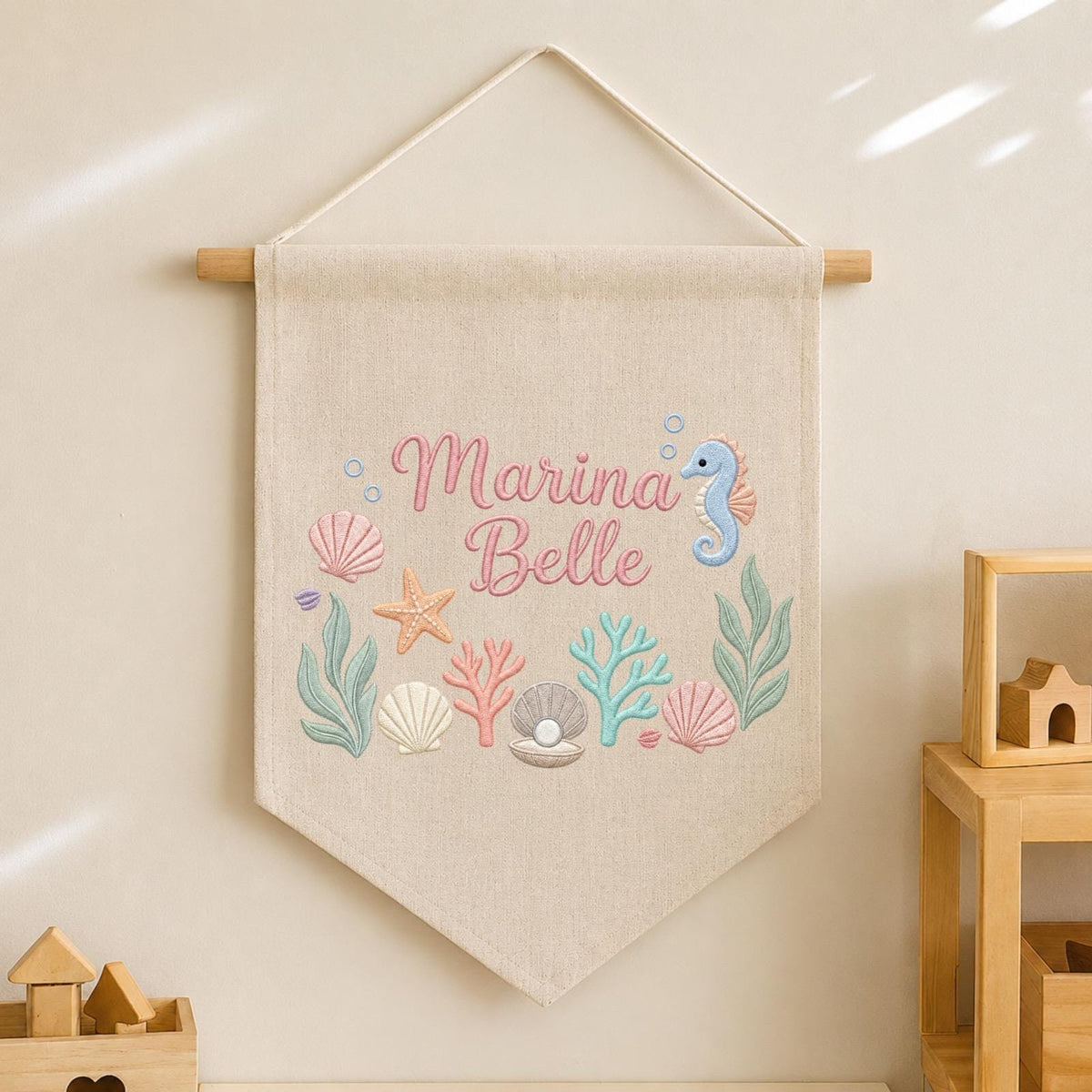 Personalized Embroidered Ocean Wall Hanging Banner, Custom Baby Name Sign, Seahorse Nursery Decor, Baby Girl Gift, Under the Sea Room