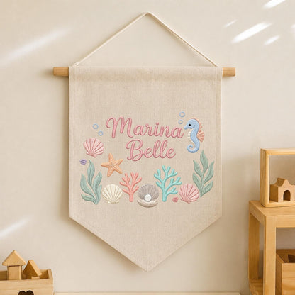 Personalized Embroidered Ocean Wall Hanging Banner, Custom Baby Name Sign, Seahorse Nursery Decor, Baby Girl Gift, Under the Sea Room