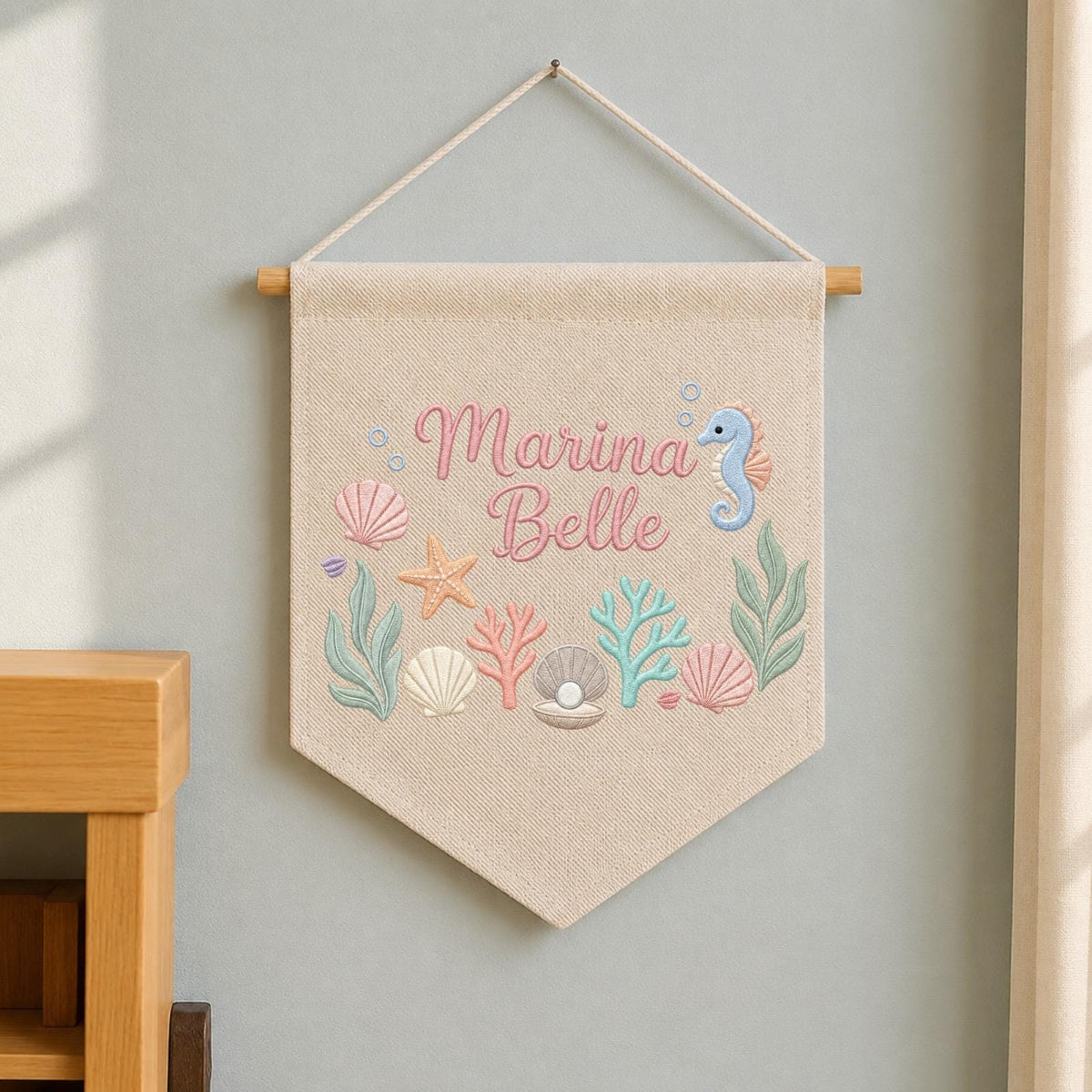 Personalized Embroidered Ocean Wall Hanging Banner, Custom Baby Name Sign, Seahorse Nursery Decor, Baby Girl Gift, Under the Sea Room