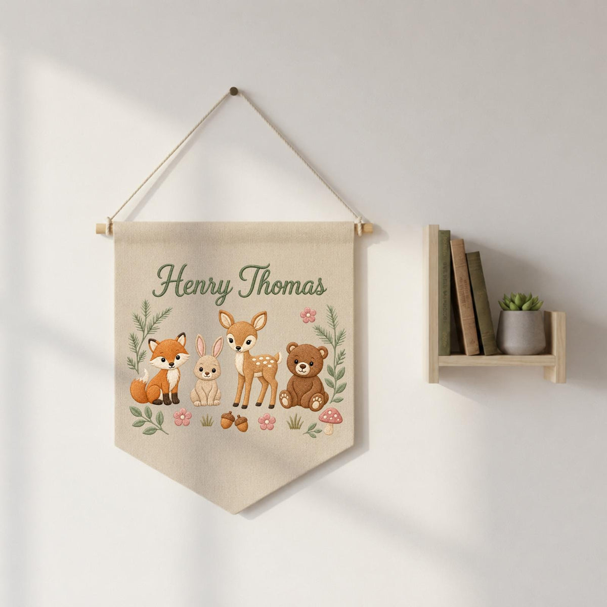 Personalized Embroidered Woodland Animals Wall Hanging Banner, Custom Baby Name Sign, Forest Nursery Decor, Baby Shower Gift