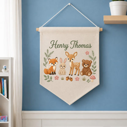 Personalized Embroidered Woodland Animals Wall Hanging Banner, Custom Baby Name Sign, Forest Nursery Decor, Baby Shower Gift