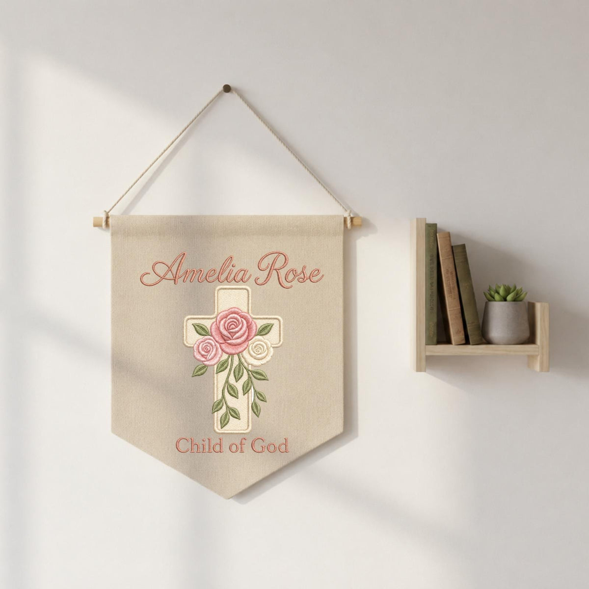 Personalized Embroidered Christian Wall Hanging Banner, Custom Baby Name Sign, Floral Cross Nursery Decor, Baptism Gift, Child of God Decor