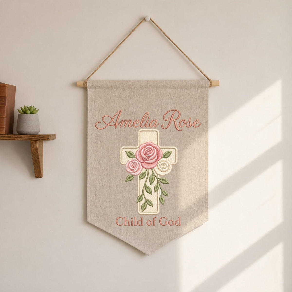 Personalized Embroidered Christian Wall Hanging Banner, Custom Baby Name Sign, Floral Cross Nursery Decor, Baptism Gift, Child of God Decor